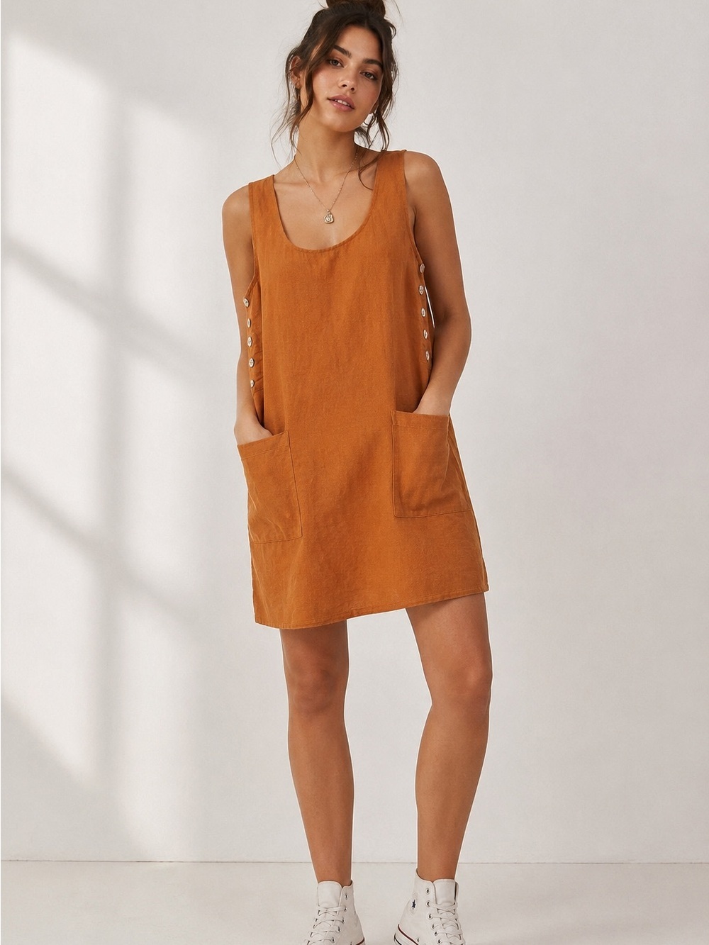 Urban Outfitters Rust Linen Blend Button Side Shift Dress Size S